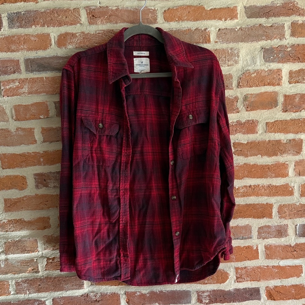 Red American Eagle Plaid Button-Up Shirt